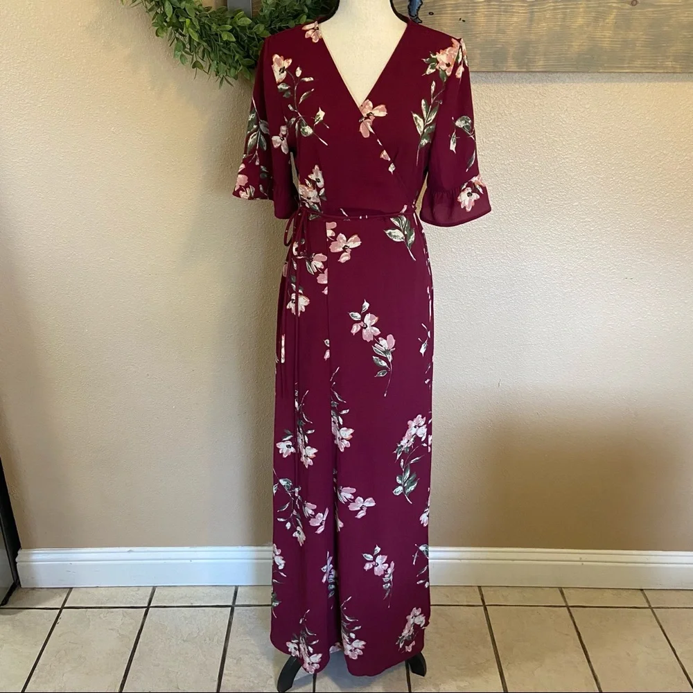 NWOT Lulus September Sunsets Burgundy Floral Print Wrap Maxi Dress_3